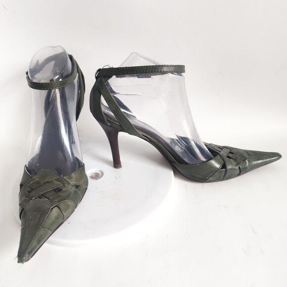 Aldo Heels Size 9 Y2K 90s Olive Green Leather Pointy Toe Ankle Strap Stiletto - Picture 1 of 11